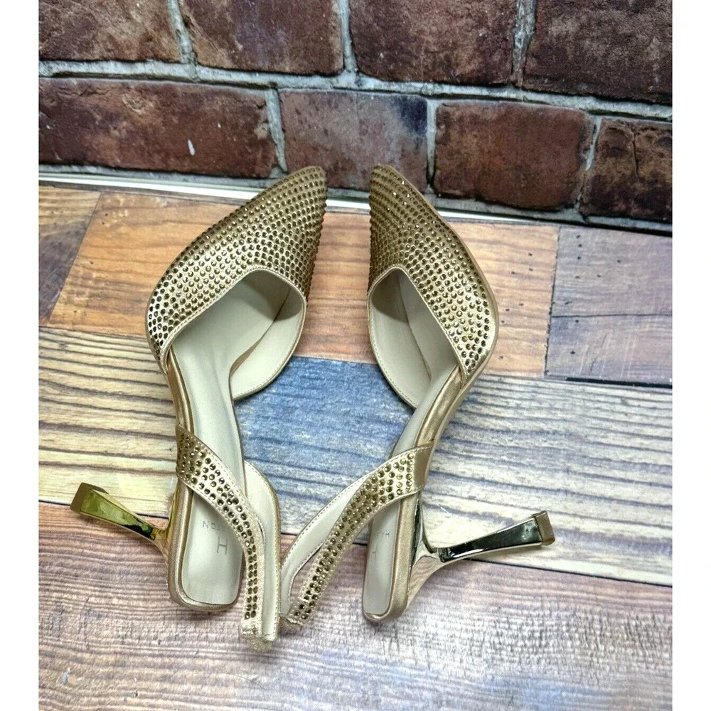 Halston Women's Hawaii Embellished Slingback Pointed Toe Heels Gold Rhinestone 8
